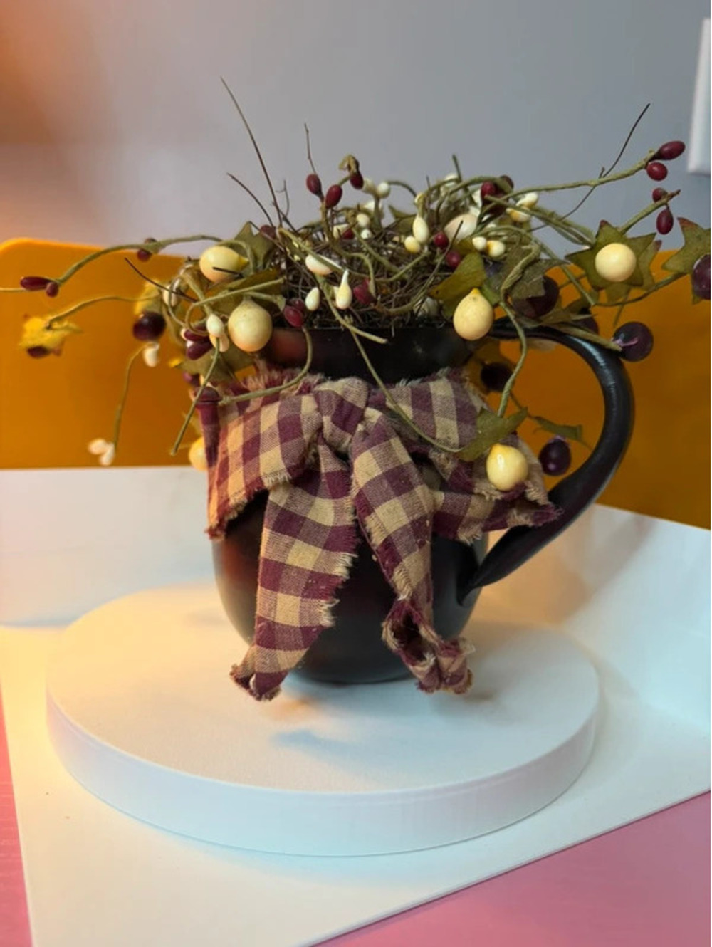 Primitive Country Black Pitcher Berry Arrangement Gingham Bow Decor